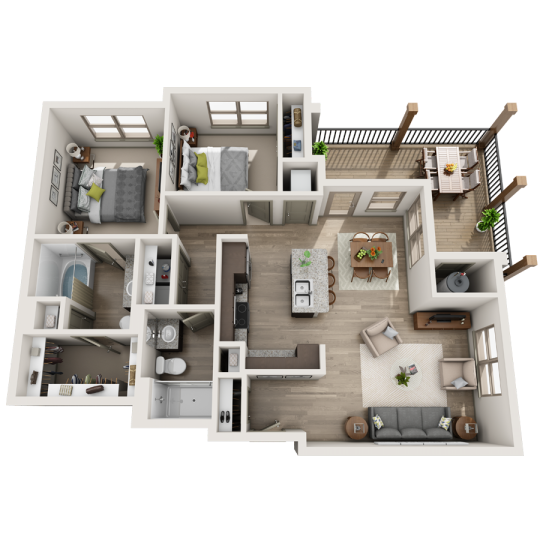 a 3d rendering of a two bedroom apartment at The  Apiary