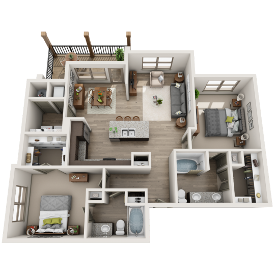a 3d rendering of a two bedroom apartment at The  Apiary